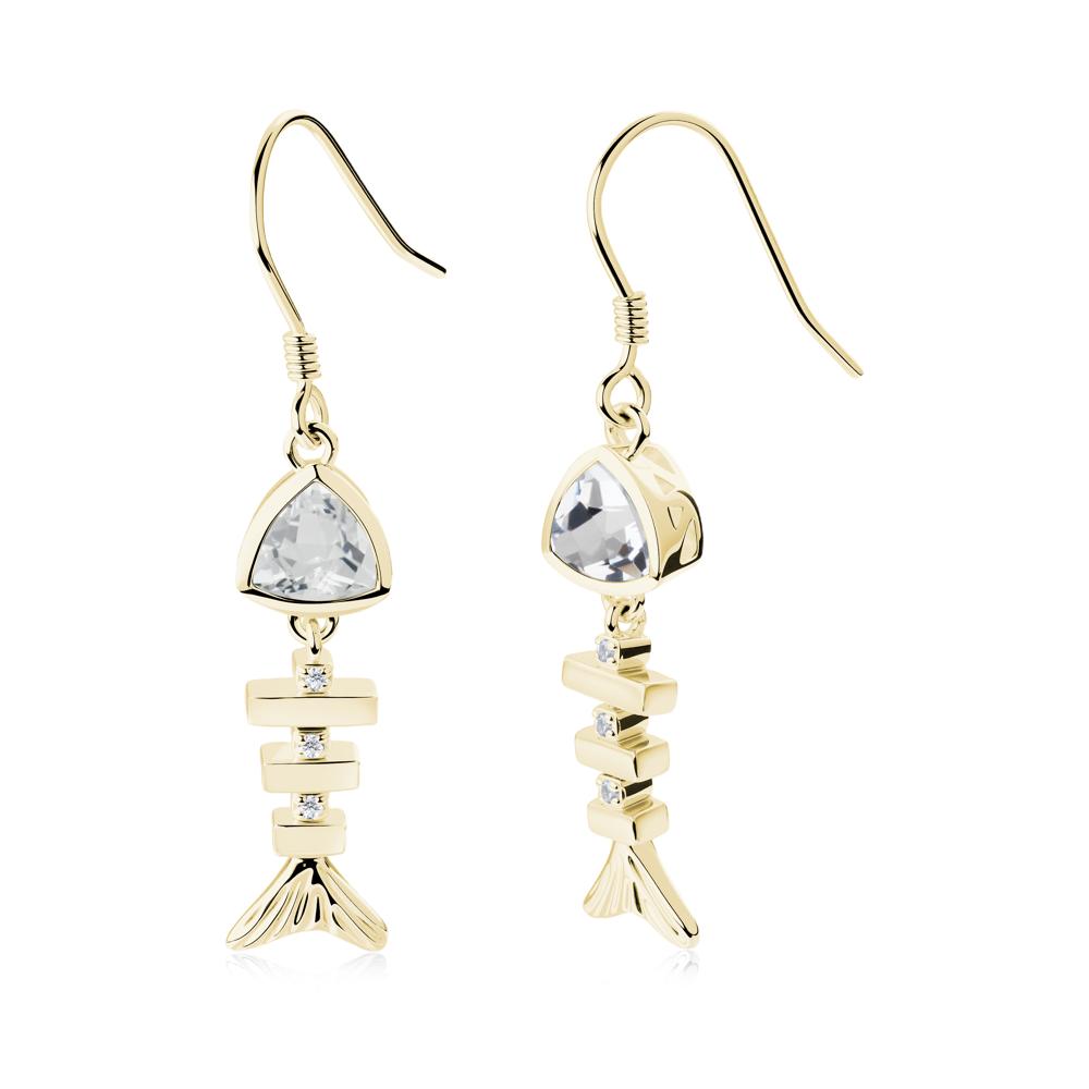 Movable Fishbone White Topaz Fish Hook Earrings - LUO Jewelry #metal_18k yellow gold