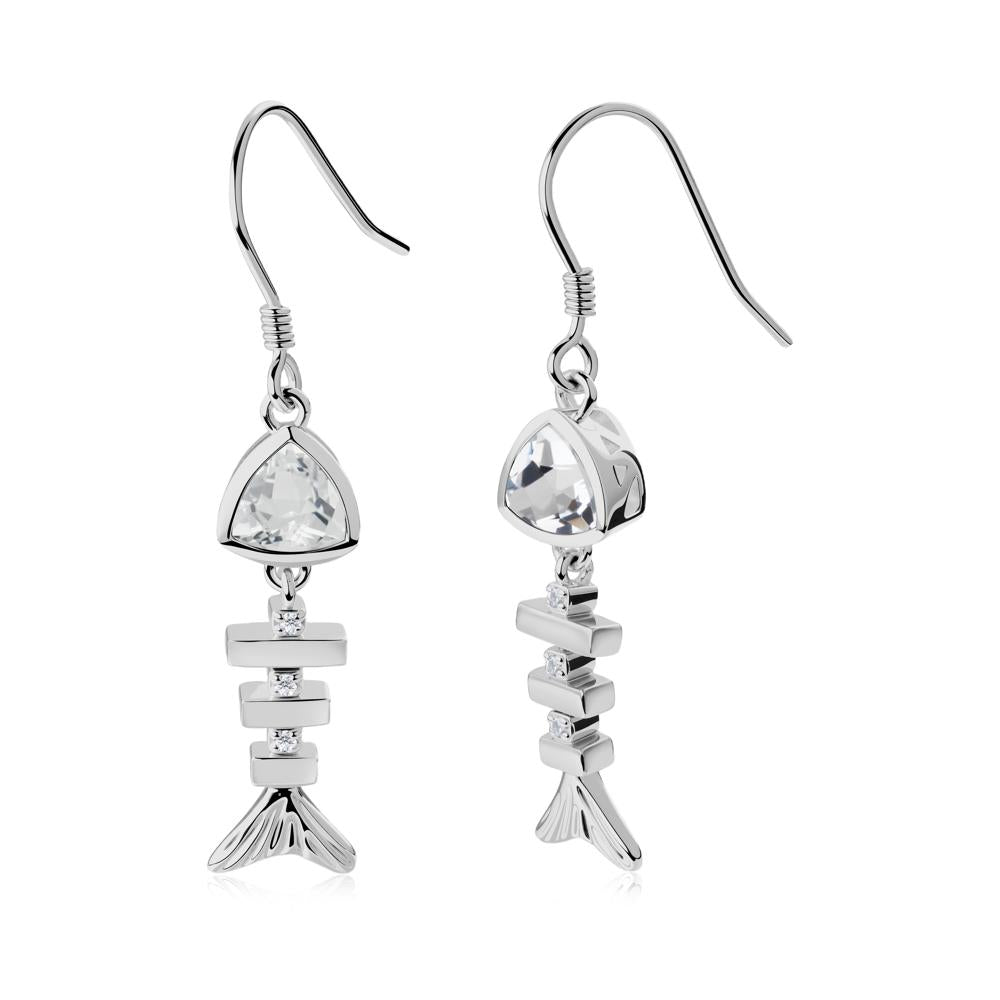 Movable Fishbone White Topaz Fish Hook Earrings - LUO Jewelry #metal_platinum