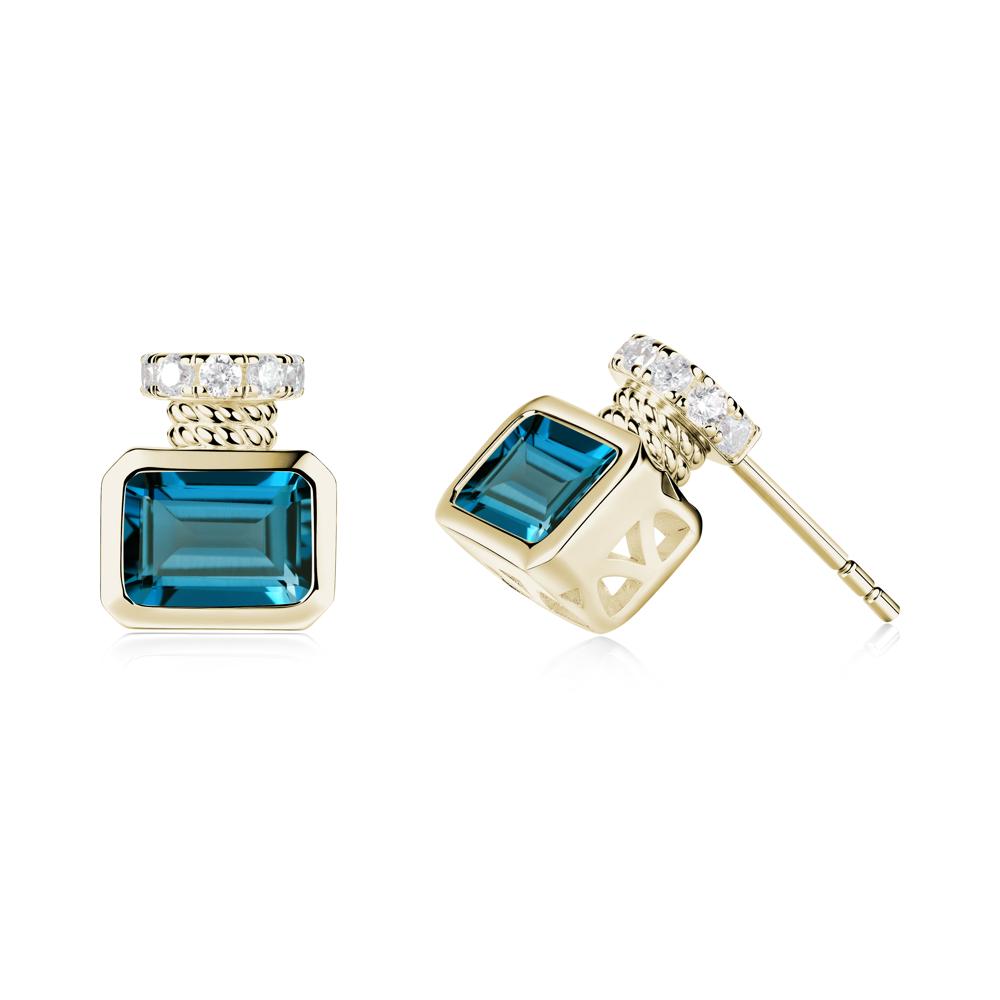 Bezel Set Emerald Cut London Blue Topaz Stud Earrings - LUO Jewelry #metal_14k yellow gold