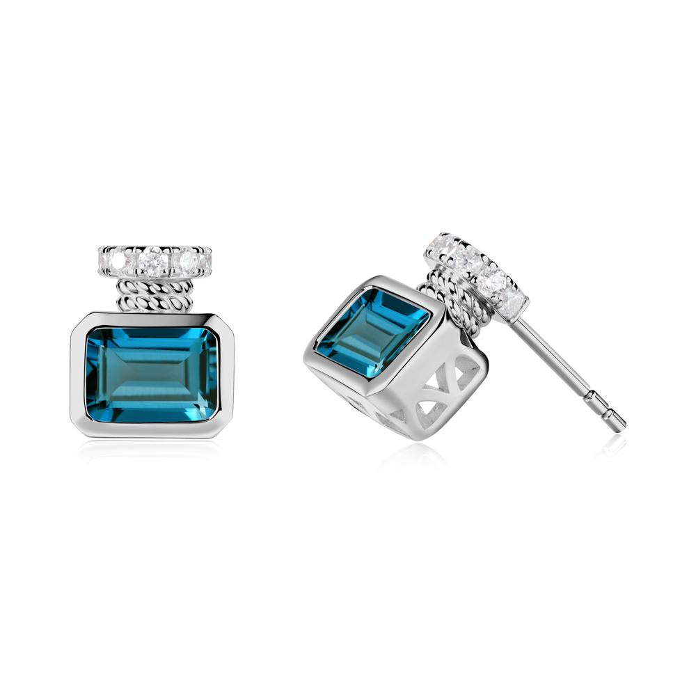 Bezel Set Emerald Cut London Blue Topaz Stud Earrings - LUO Jewelry #metal_platinum