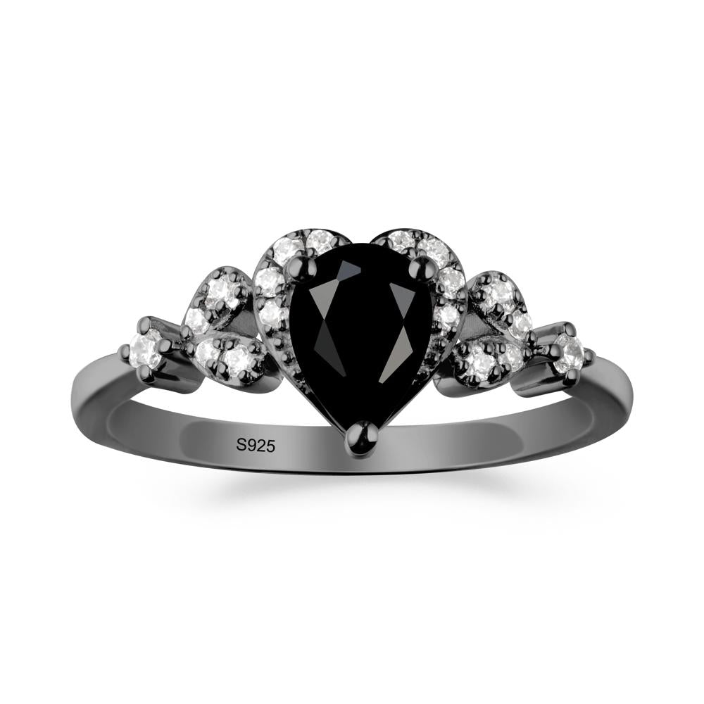 Black Spinel Heart Ring with Leaf Accents - LUO Jewelry #metal_black finish sterling silver