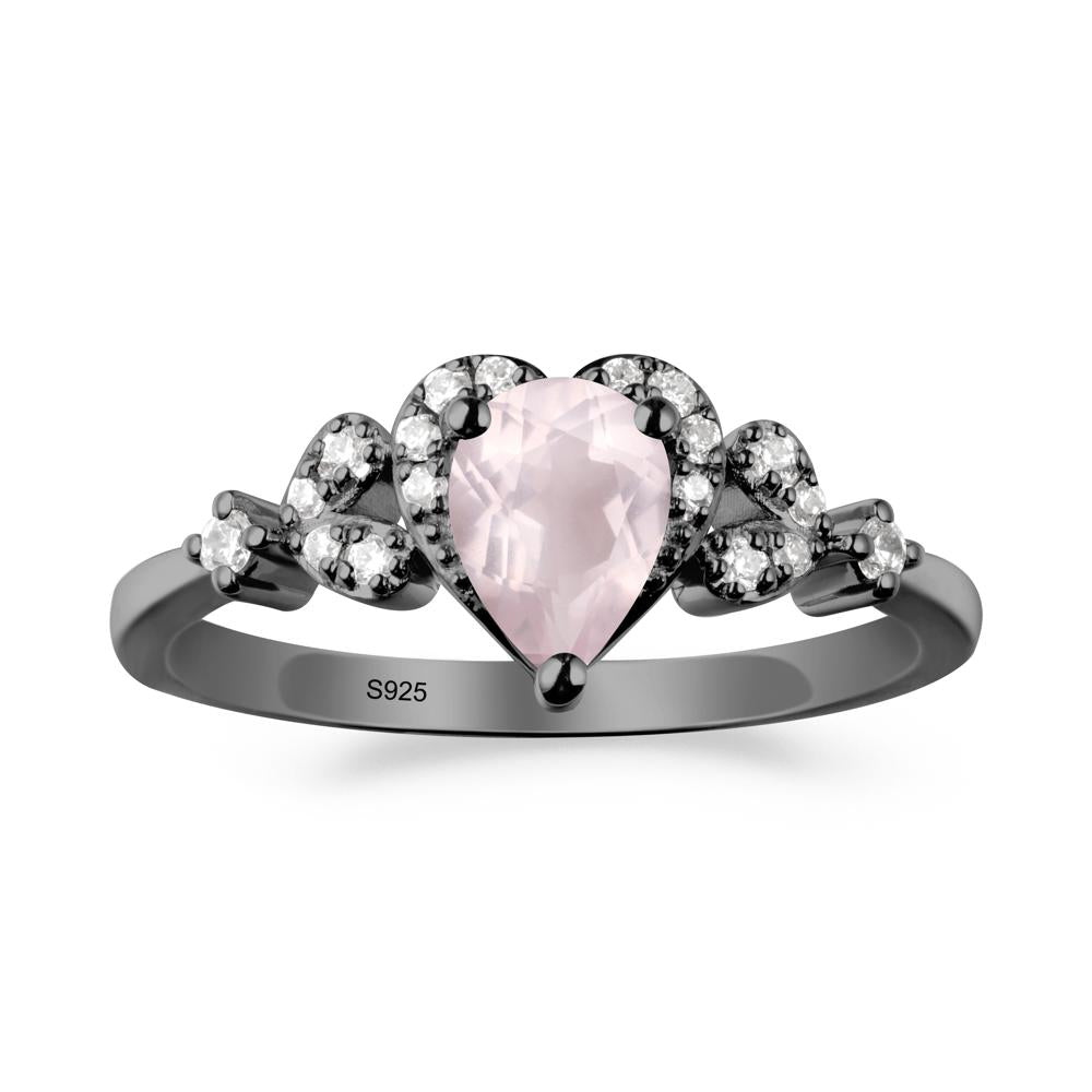 Rose Quartz Heart Ring with Leaf Accents - LUO Jewelry #metal_black finish sterling silver