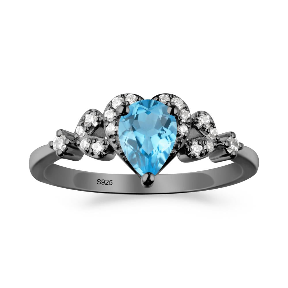 Swiss Blue Topaz Heart Ring with Leaf Accents - LUO Jewelry #metal_black finish sterling silver