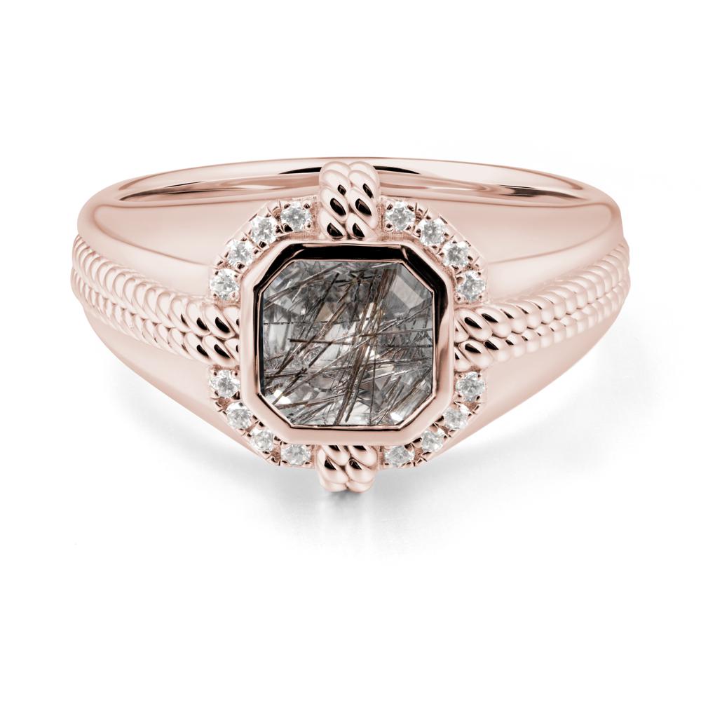 Men Black Rutilated Quartz Promise Ring with Twist Rope Design - LUO Jewelry #metal_14k rose gold