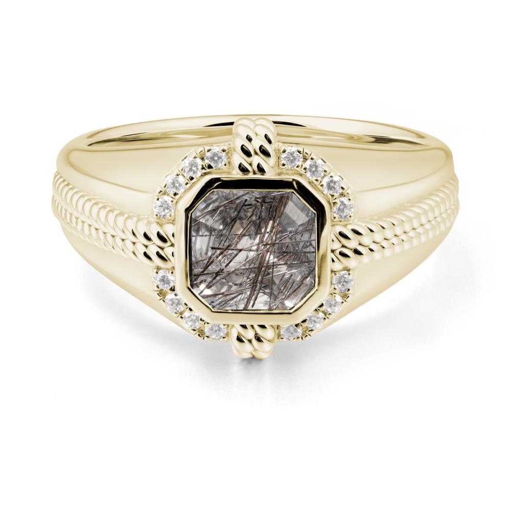 Men Black Rutilated Quartz Promise Ring with Twist Rope Design - LUO Jewelry #metal_14k yellow gold
