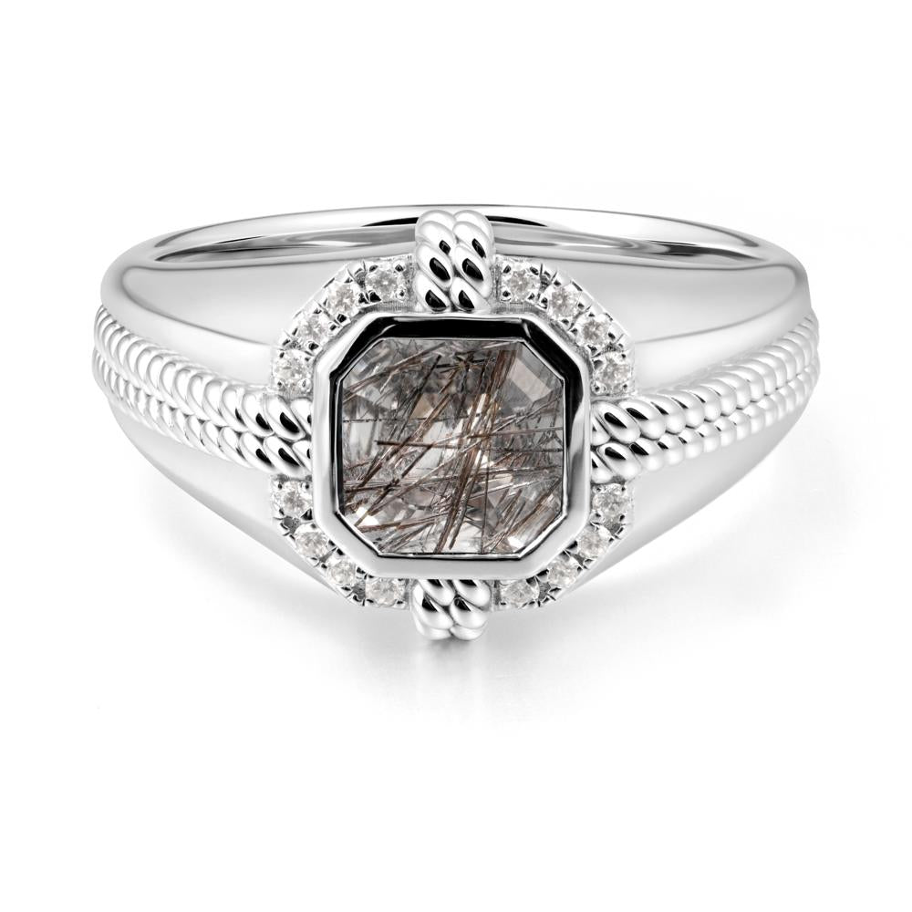 Men Black Rutilated Quartz Promise Ring with Twist Rope Design - LUO Jewelry #metal_sterling silver