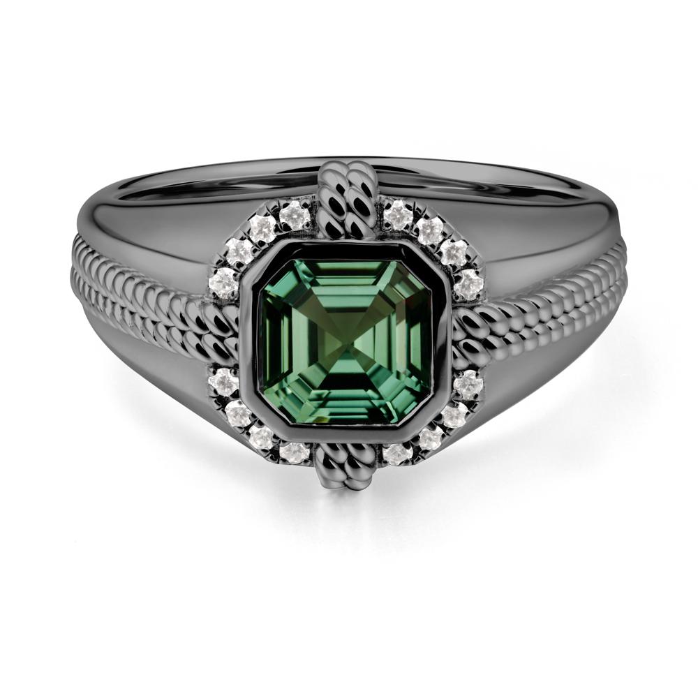 Asscher Green Sapphire Halo Ring for Men - LUO Jewelry #metal_black finish sterling silver