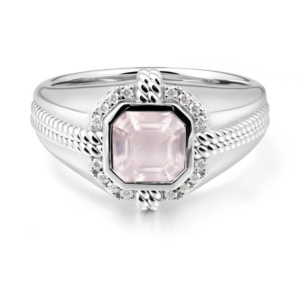 Men鈥橲 Wide Band Rose Quartz Halo Ring - LUO Jewelry #metal_14k white gold