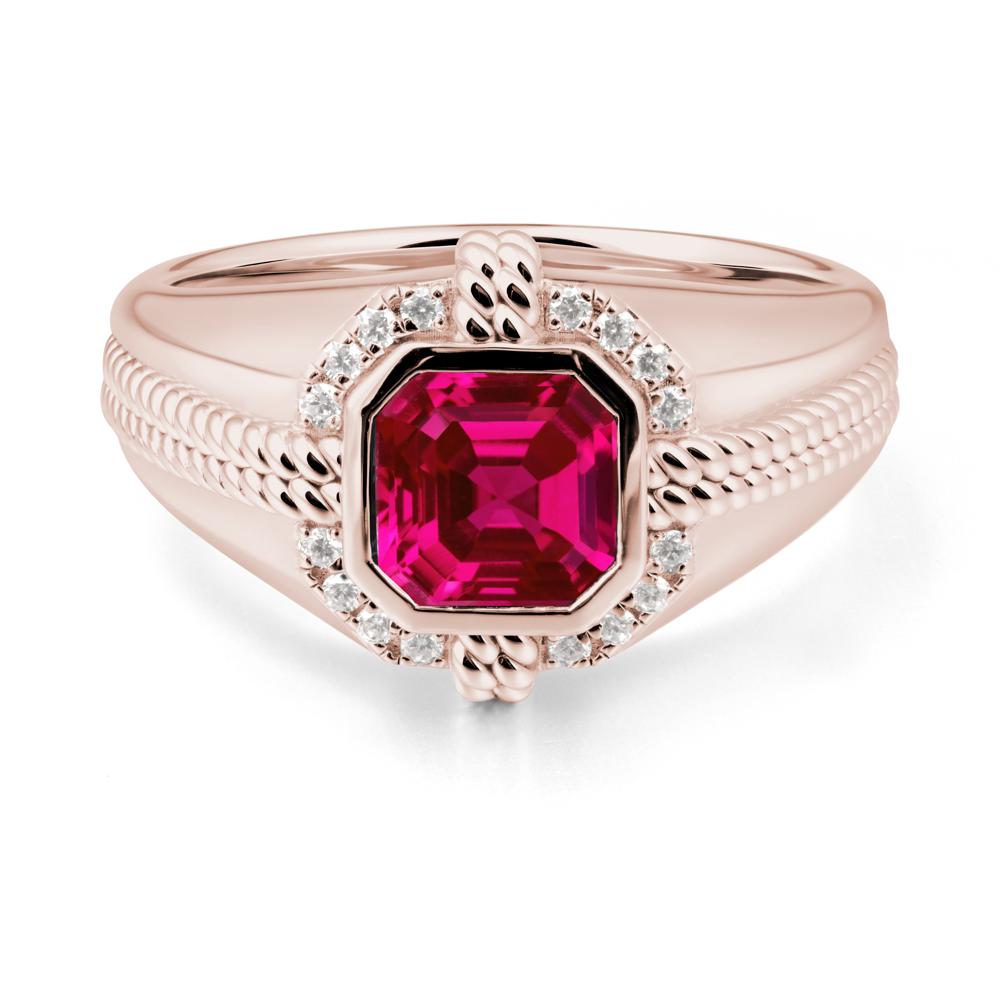 Asscher Ruby Halo Ring for Men - LUO Jewelry #metal_14k rose gold