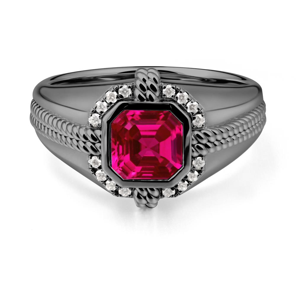 Asscher Ruby Halo Ring for Men - LUO Jewelry #metal_black finish sterling silver