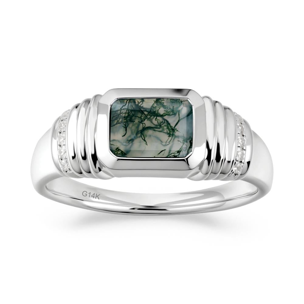 Wide Band Emerald Cut Moss Agate Men Ring - LUO Jewelry #metal_14k white gold
