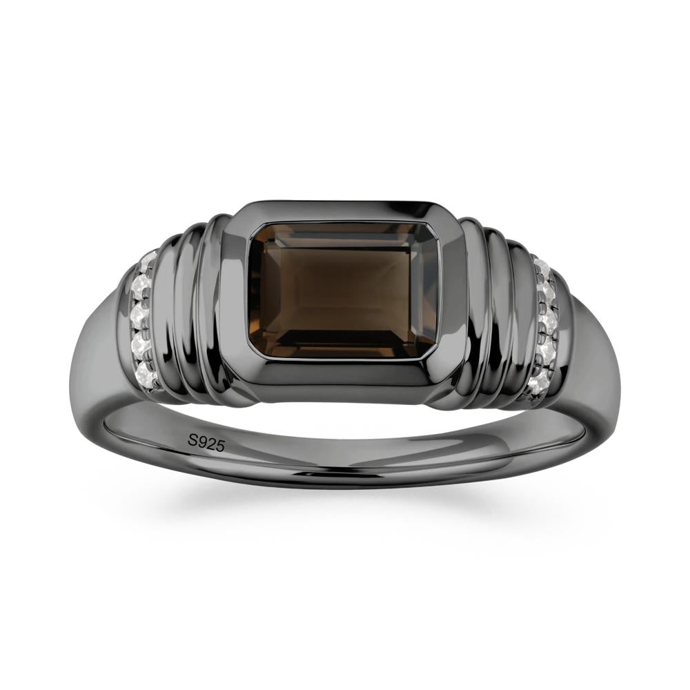 Wide Band Emerald Cut Smoky Quartz Men Ring - LUO Jewelry #metal_black finish sterling silver