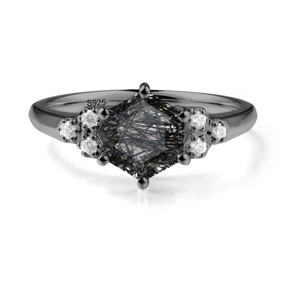 Minimalist Hexagon Black Rutilated Quartz Ring - LUO Jewelry #metal_black finish sterling silver