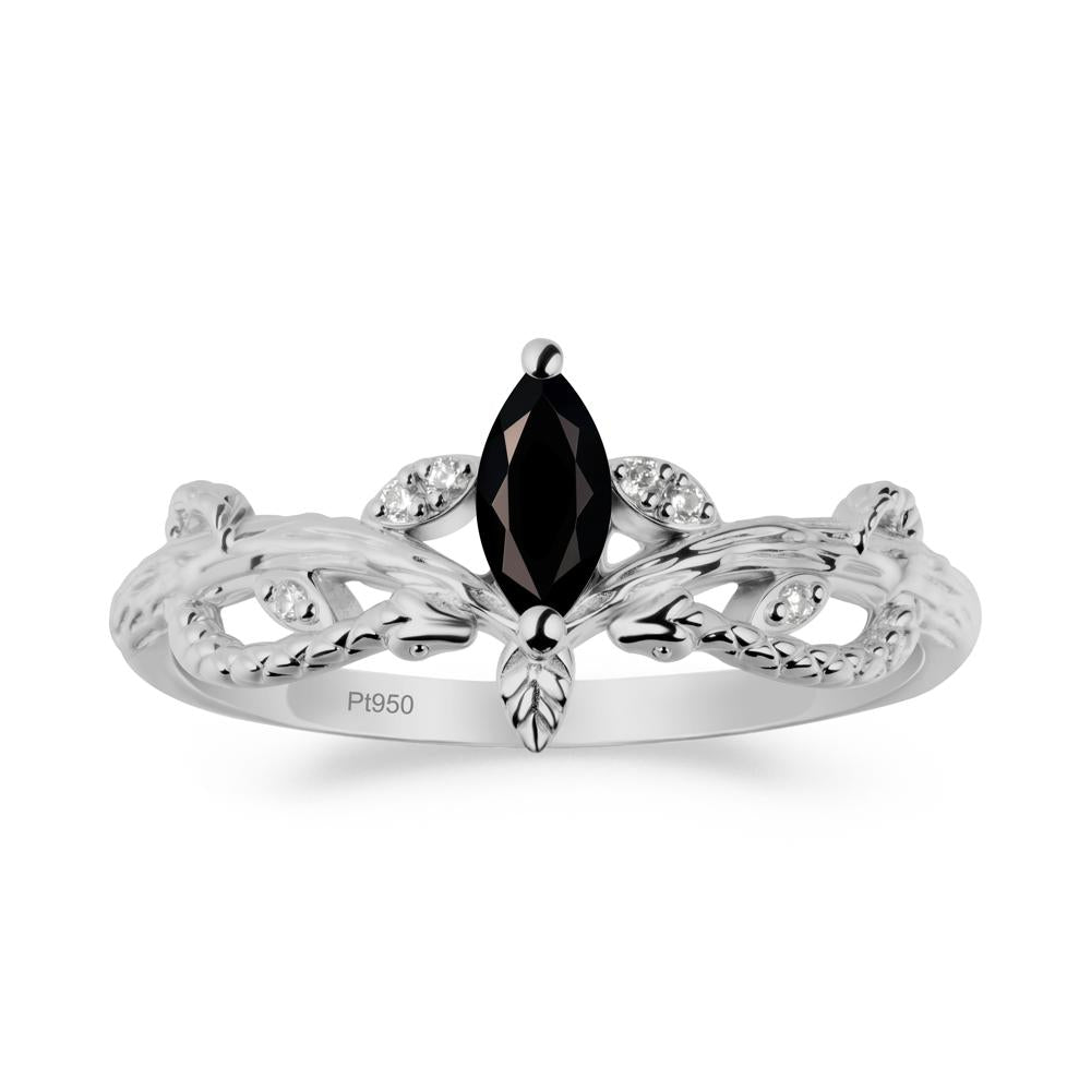 Black Spinel Snake Ring with Tree Texture and Leaf - LUO Jewelry #metal_platinum