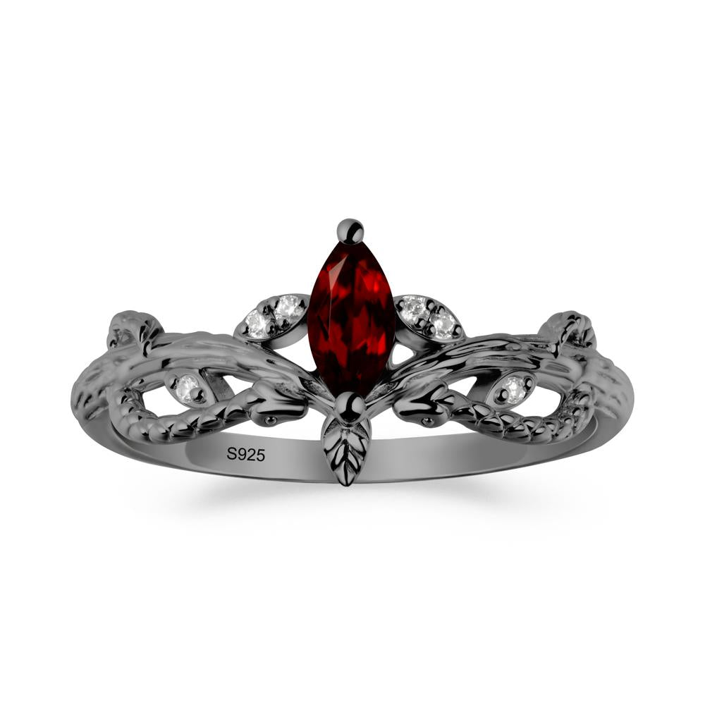 Garnet Snake Ring with Tree Texture and Leaf - LUO Jewelry #metal_black finish sterling silver