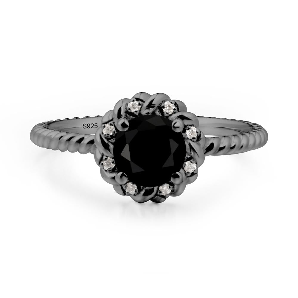 Round Black Spinel Twisted Halo Ring - LUO Jewelry #metal_black finish sterling silver