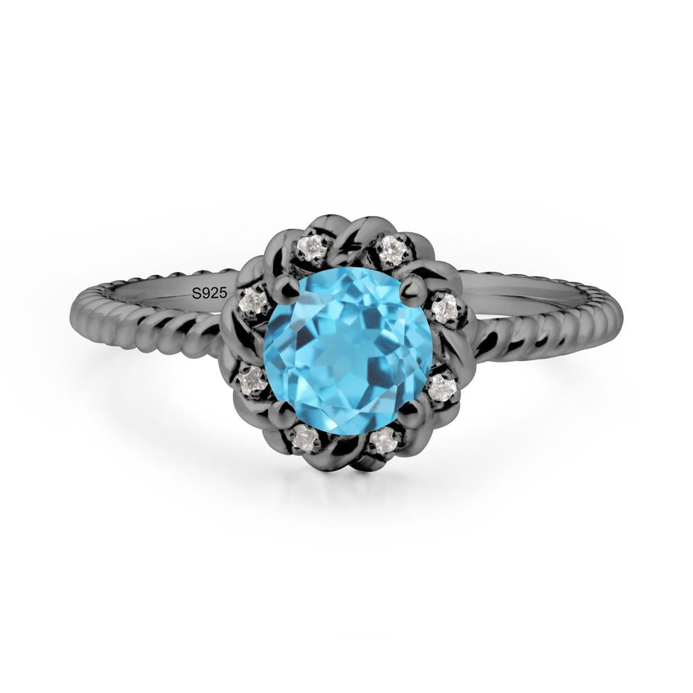 Round Swiss Blue Topaz Twisted Halo Ring - LUO Jewelry #metal_black finish sterling silver
