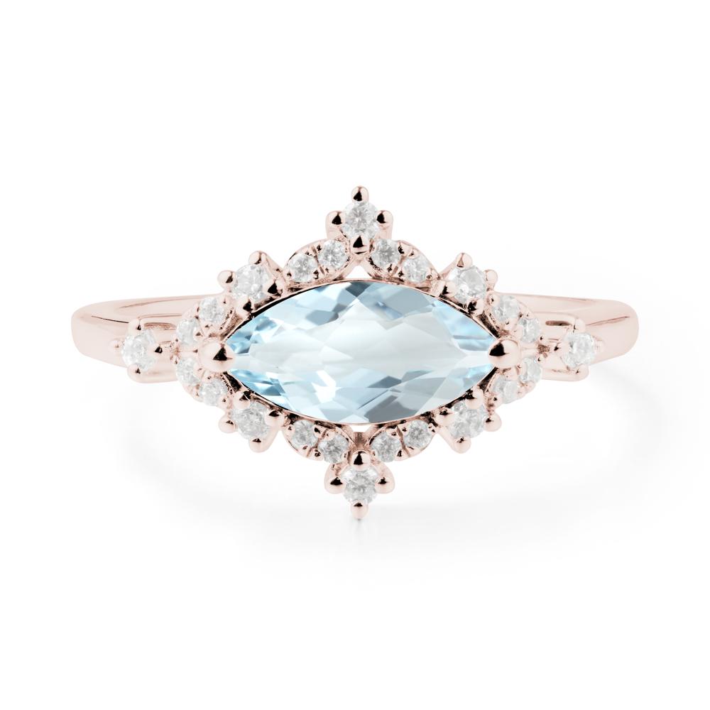 East West Marquise Cut Aquamarine Halo Ring - LUO Jewelry #metal_14k rose gold