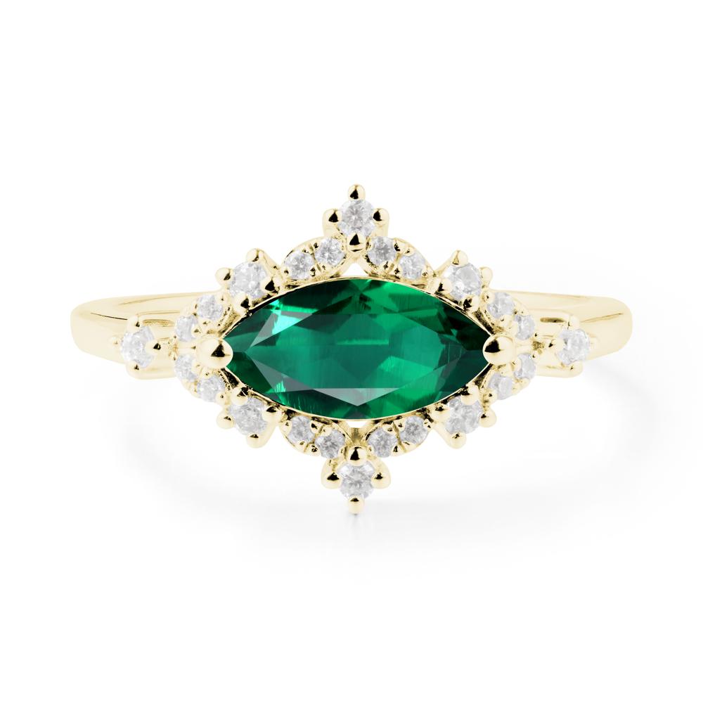 East West Marquise Cut Emerald Halo Ring - LUO Jewelry #metal_18k yellow gold