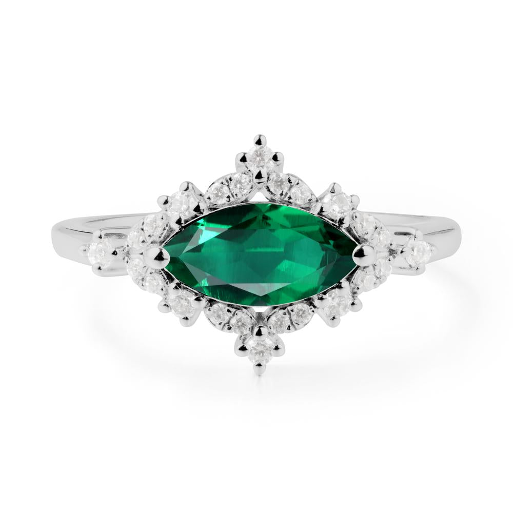 East West Marquise Cut Emerald Halo Ring - LUO Jewelry #metal_platinum