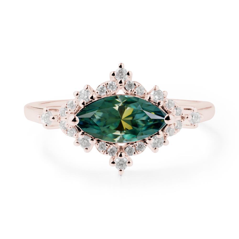 East West Marquise Cut Green Moissanite Halo Ring - LUO Jewelry #metal_14k rose gold