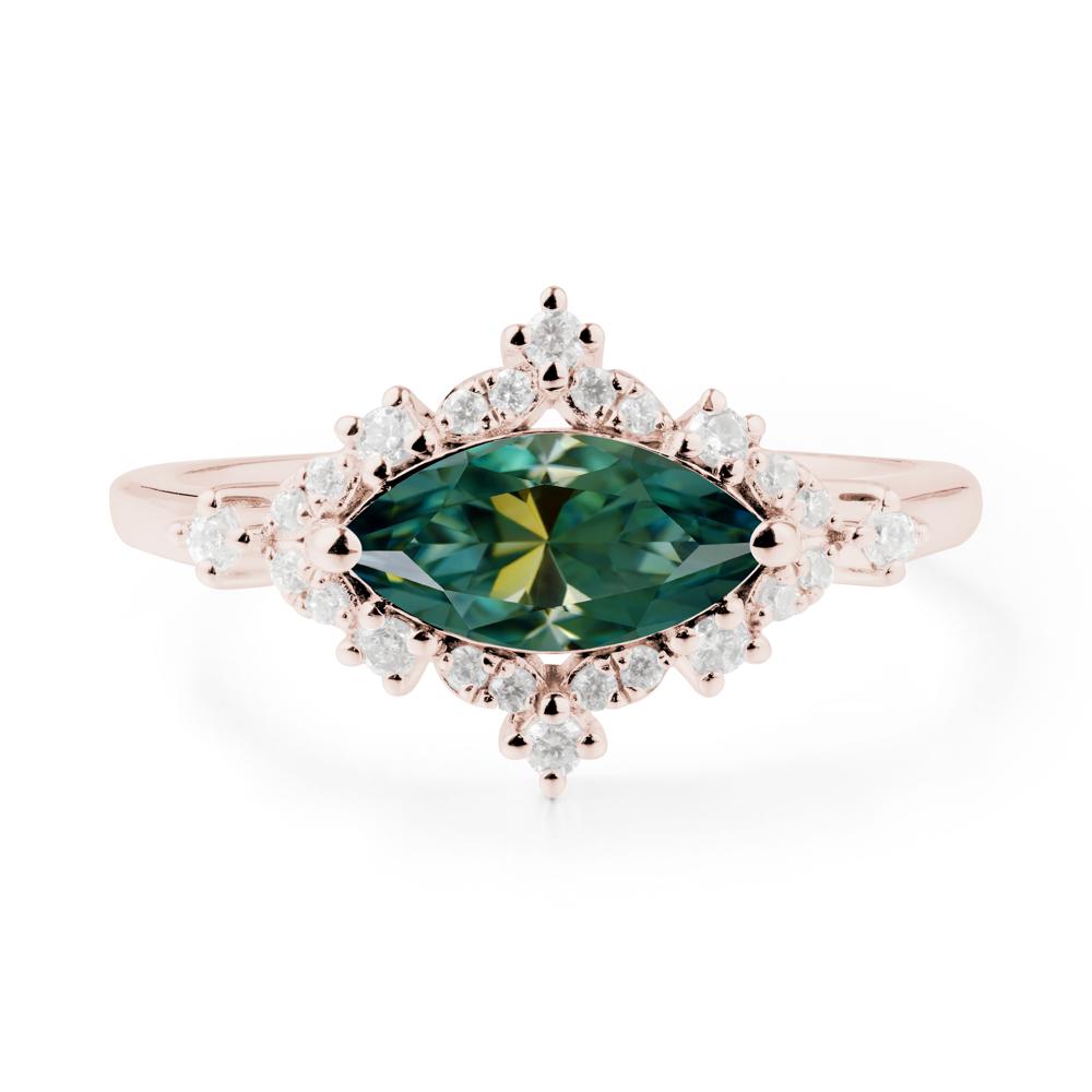 East West Marquise Cut Green Moissanite Halo Ring - LUO Jewelry #metal_14k rose gold