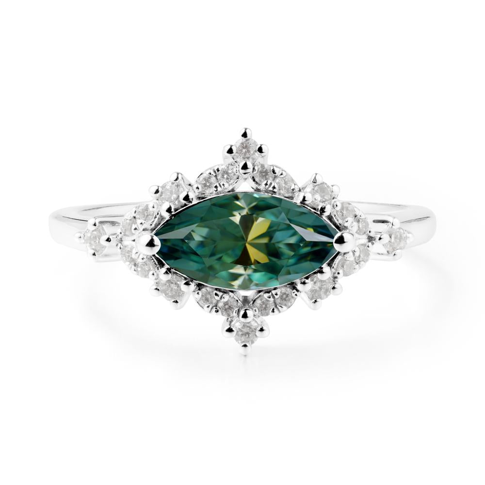 East West Marquise Cut Green Moissanite Halo Ring - LUO Jewelry #metal_14k white gold