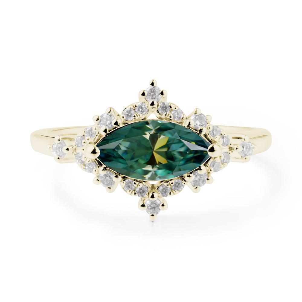 East West Marquise Cut Green Moissanite Halo Ring - LUO Jewelry #metal_14k yellow gold