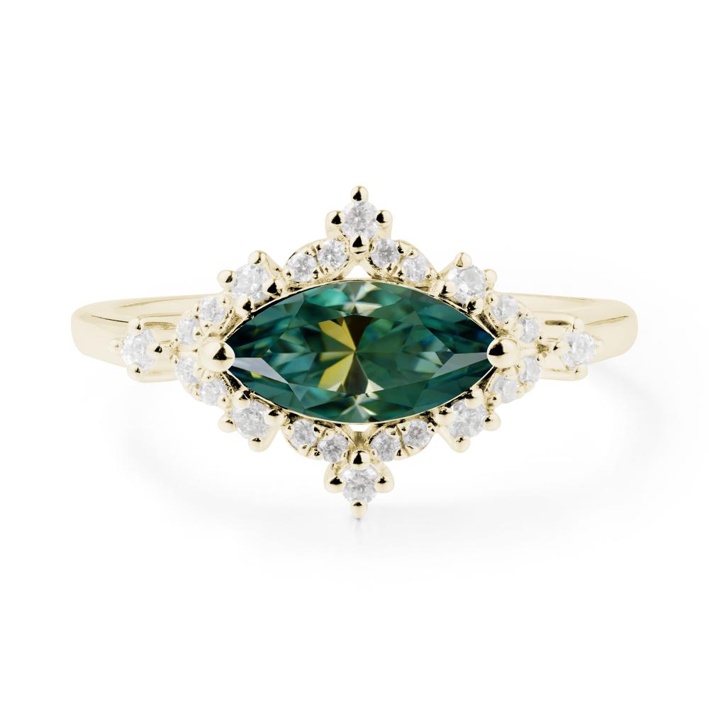 East West Marquise Cut Green Moissanite Halo Ring - LUO Jewelry #metal_14k yellow gold