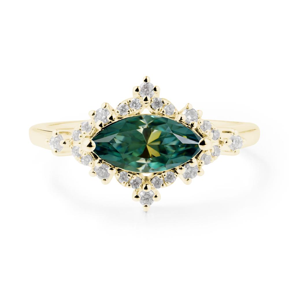 East West Marquise Cut Green Moissanite Halo Ring - LUO Jewelry #metal_18k yellow gold