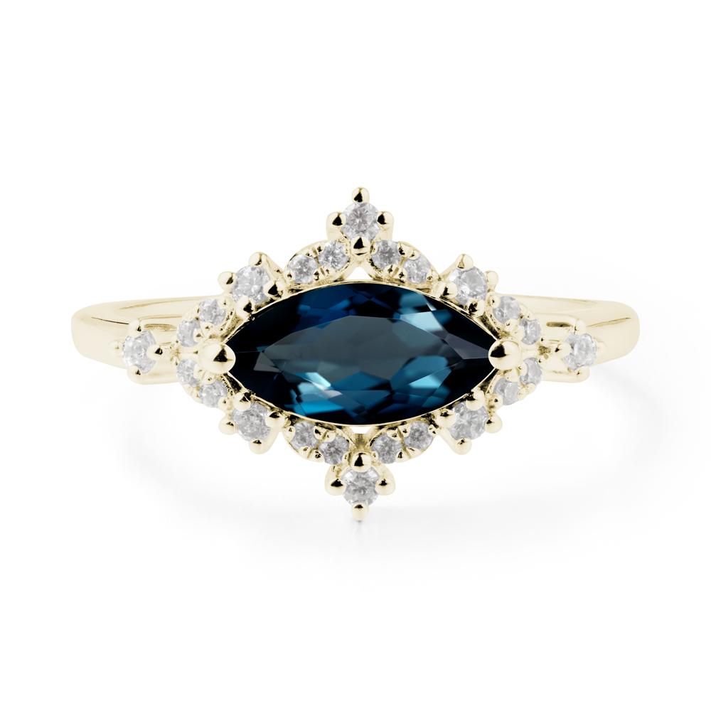 East West Marquise Cut London Blue Topaz Halo Ring - LUO Jewelry #metal_14k yellow gold