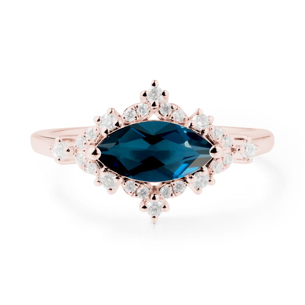 East West Marquise Cut London Blue Topaz Halo Ring - LUO Jewelry #metal_18k rose gold