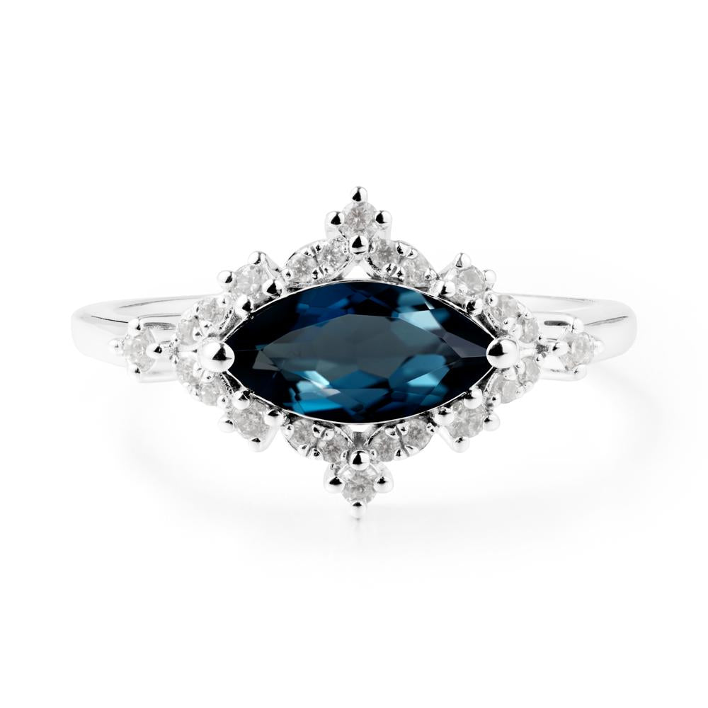 East West Marquise Cut London Blue Topaz Halo Ring - LUO Jewelry #metal_18k white gold