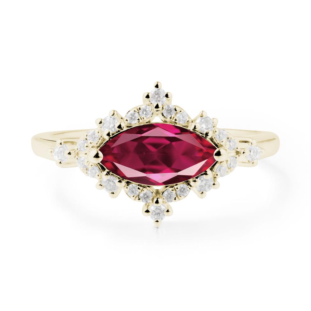 East West Marquise Cut Ruby Halo Ring - LUO Jewelry #metal_14k yellow gold