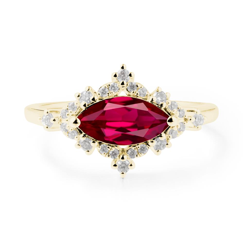 East West Marquise Cut Ruby Halo Ring - LUO Jewelry #metal_18k yellow gold