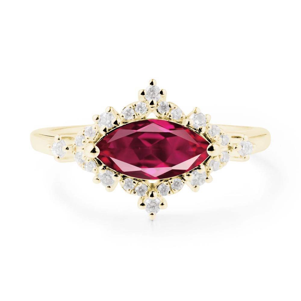 East West Marquise Cut Ruby Halo Ring - LUO Jewelry #metal_18k yellow gold