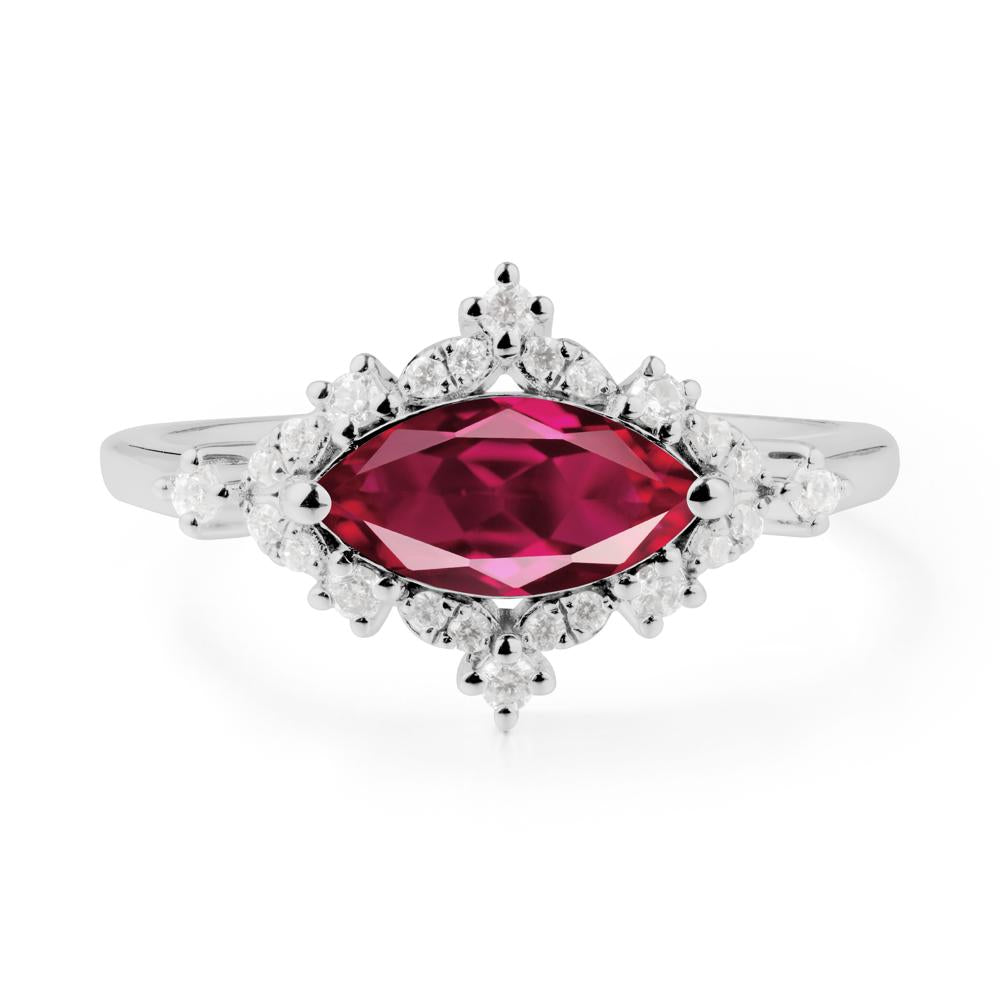 East West Marquise Cut Ruby Halo Ring - LUO Jewelry #metal_platinum