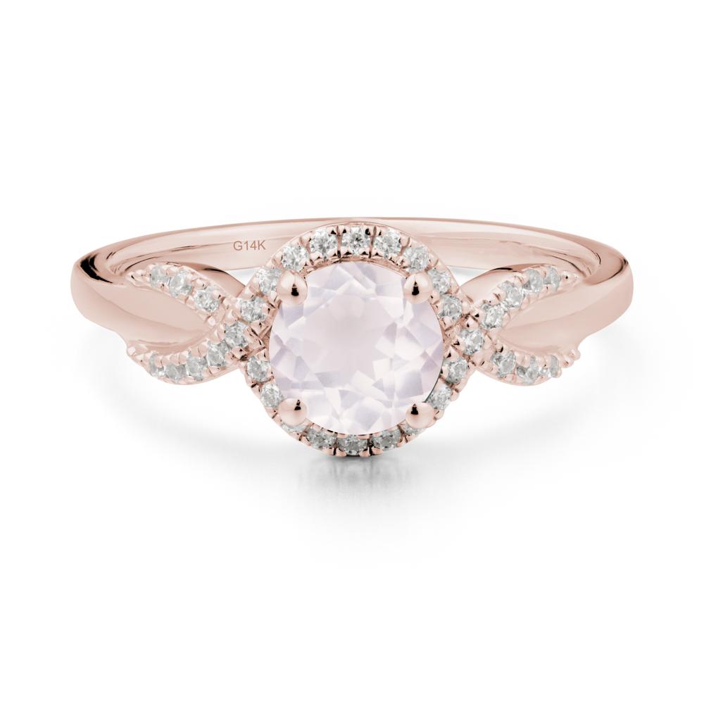 Round Rose Quartz Halo Twist Ring - LUO Jewelry #metal_14k rose gold