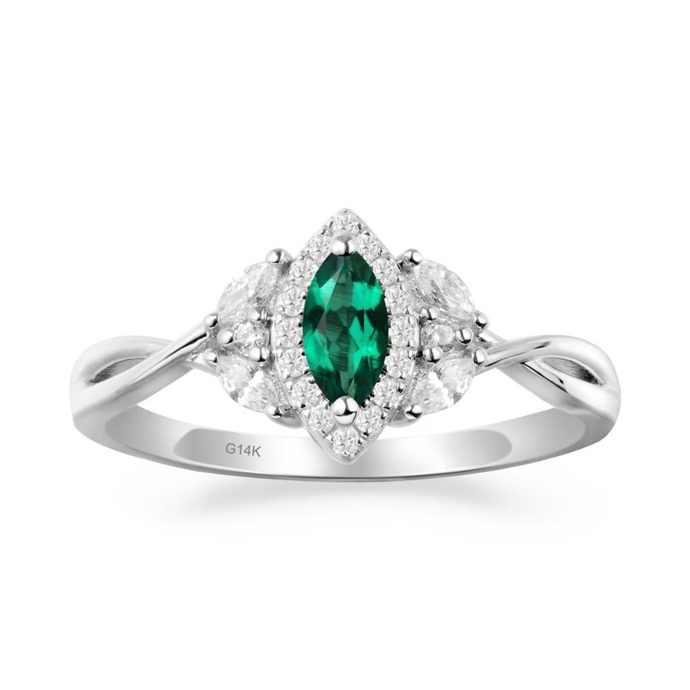 Twisted Band Marquise Emerald Halo Ring - LUO Jewelry #metal_14k white gold