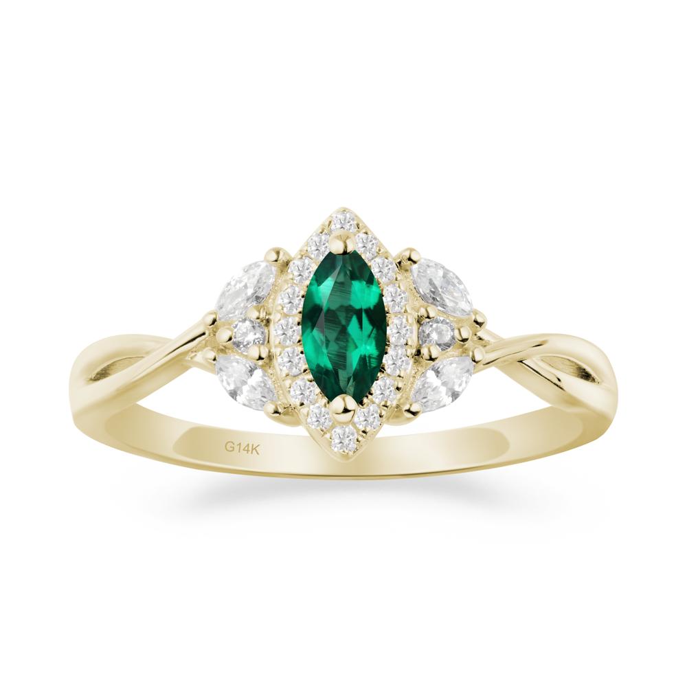 Twisted Band Marquise Emerald Halo Ring - LUO Jewelry #metal_14k yellow gold