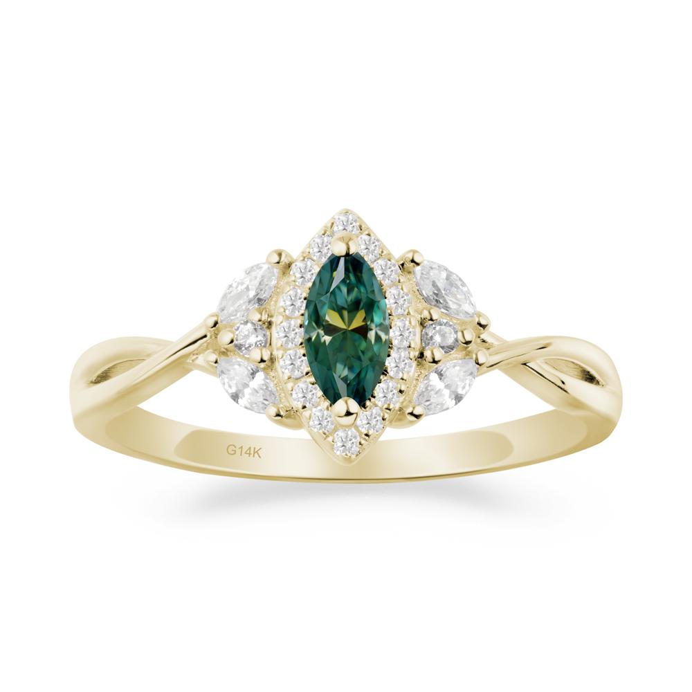 Twisted Band Marquise Green Moissanite Halo Ring - LUO Jewelry #metal_14k yellow gold