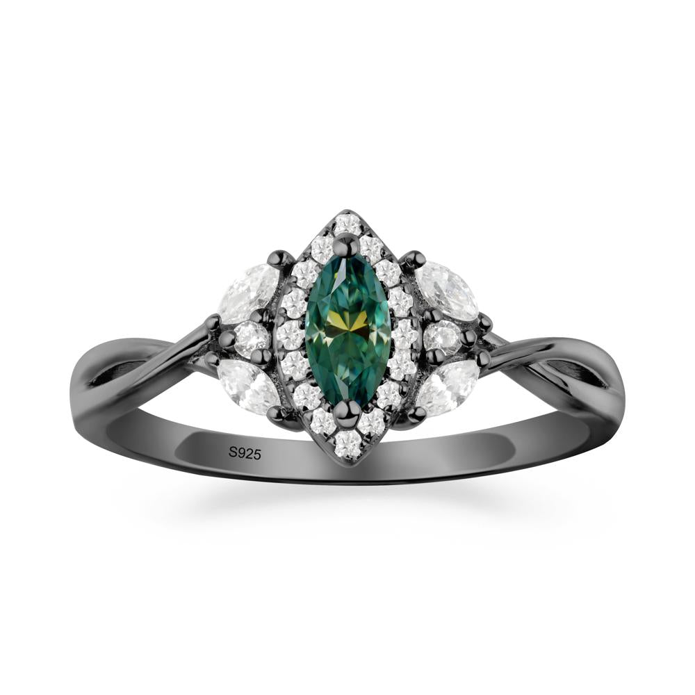 Twisted Band Marquise Green Moissanite Halo Ring - LUO Jewelry #metal_black finish sterling silver