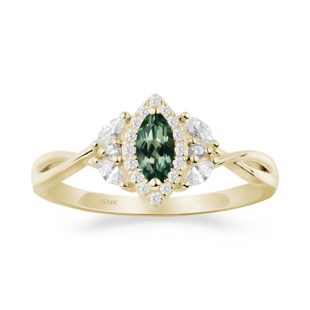 Twisted Band Marquise Green Sapphire Halo Ring - LUO Jewelry #metal_14k yellow gold