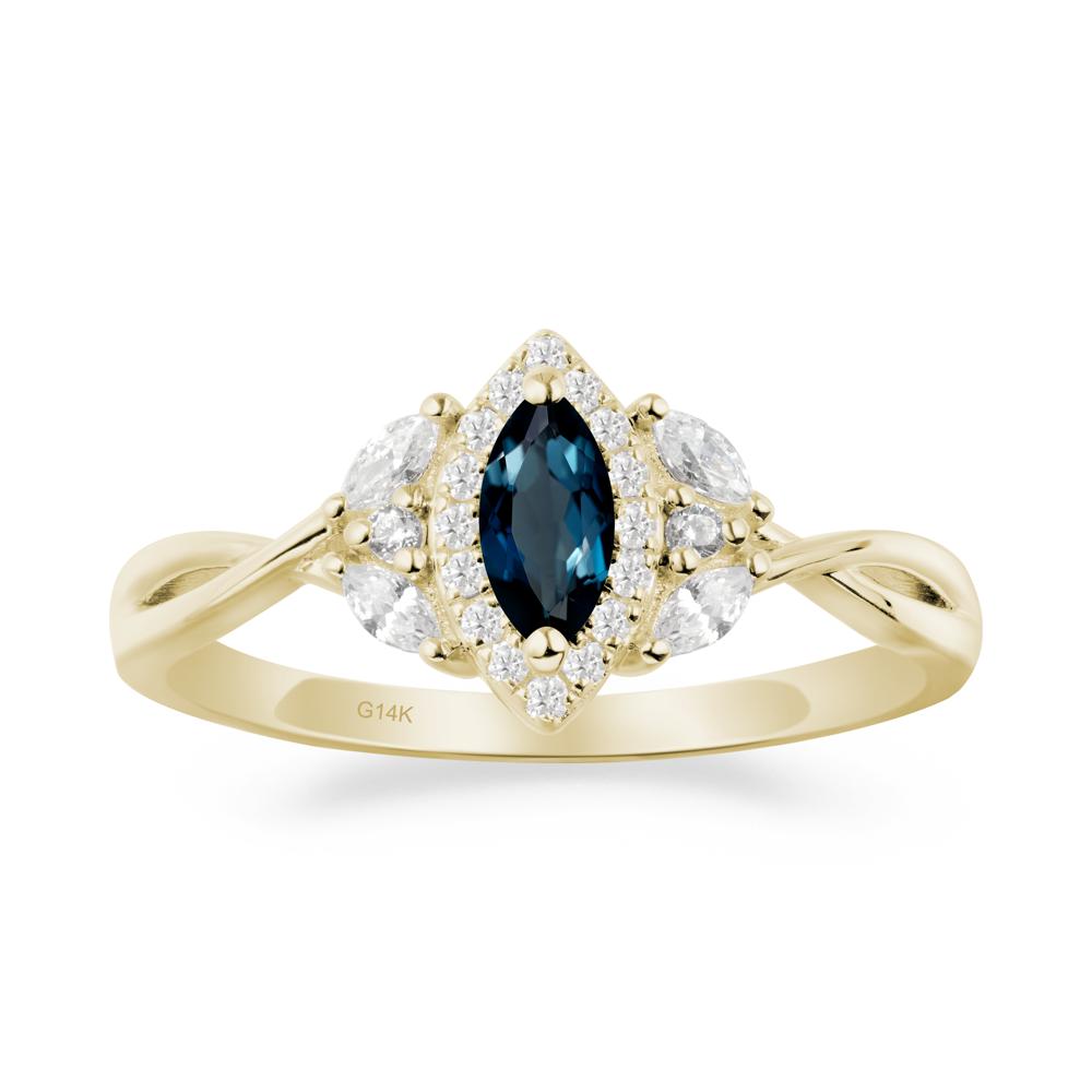 Twisted Band Marquise London Blue Topaz Halo Ring - LUO Jewelry #metal_14k yellow gold