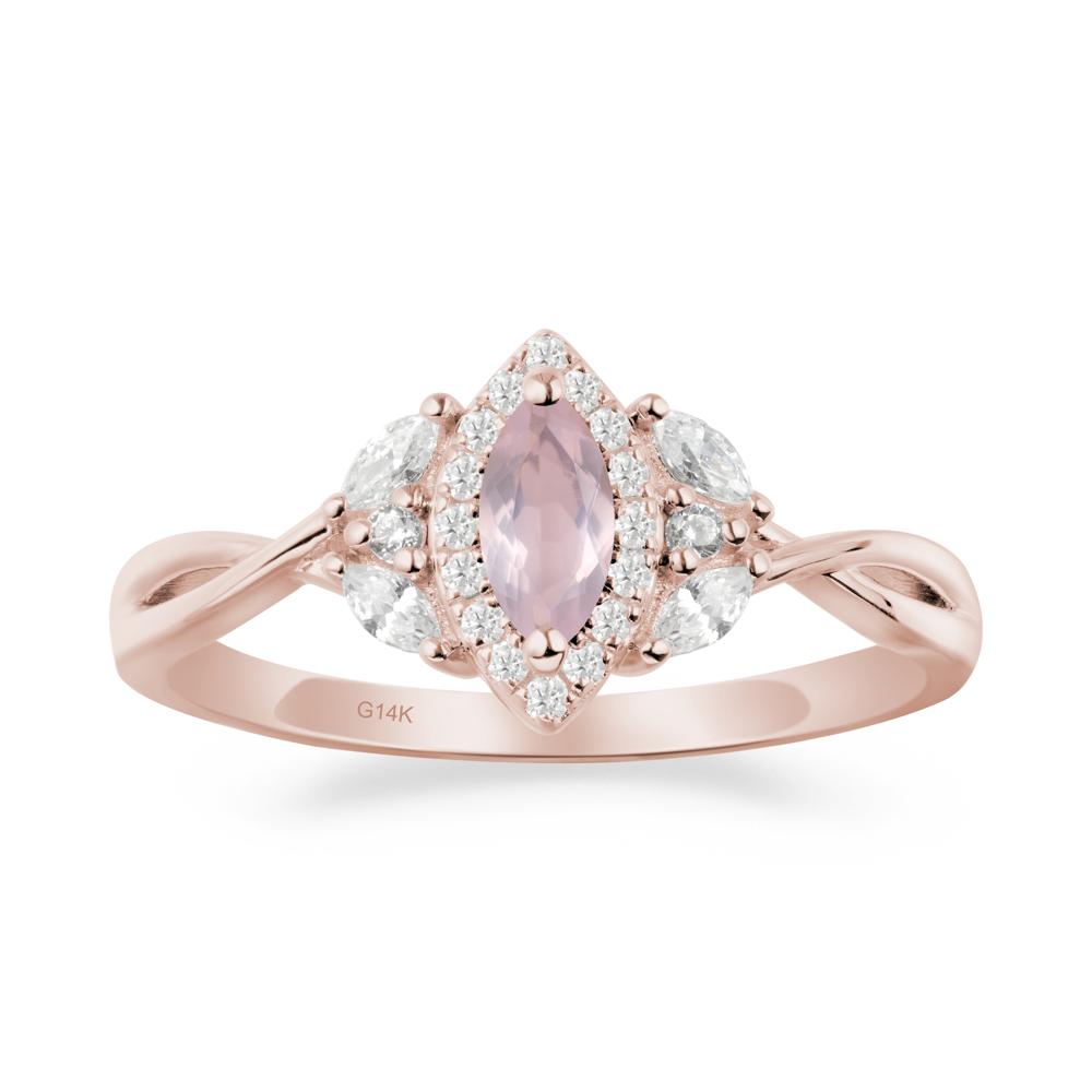 Twisted Band Marquise Rose Quartz Halo Ring - LUO Jewelry #metal_14k rose gold