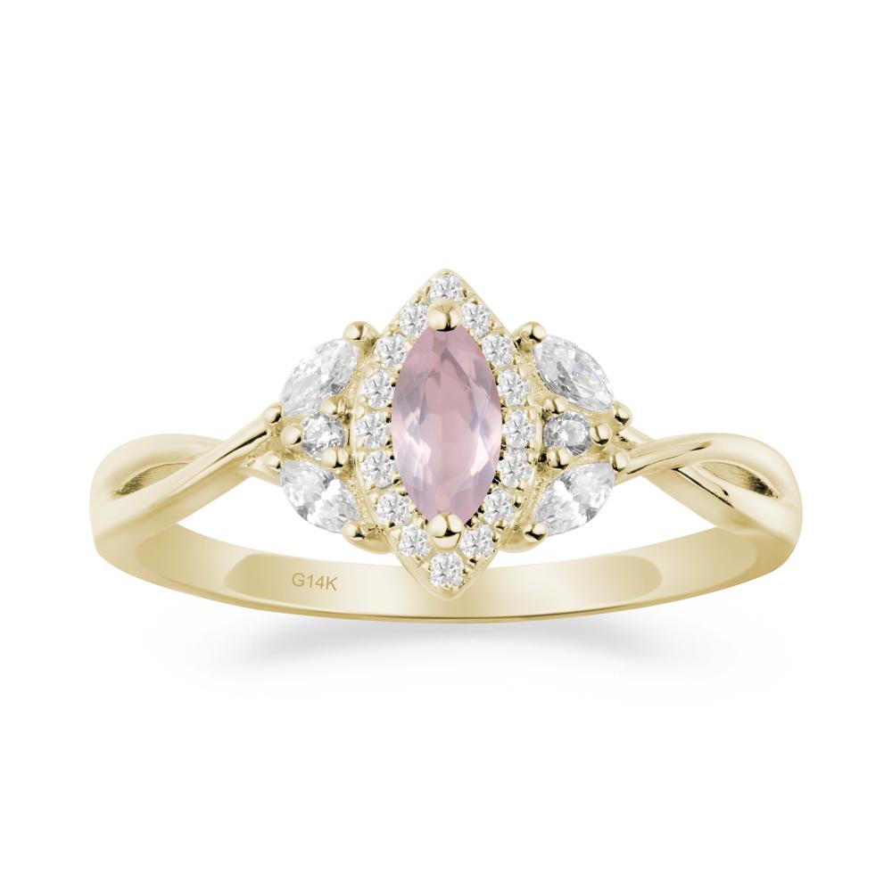 Twisted Band Marquise Rose Quartz Halo Ring - LUO Jewelry #metal_14k yellow gold
