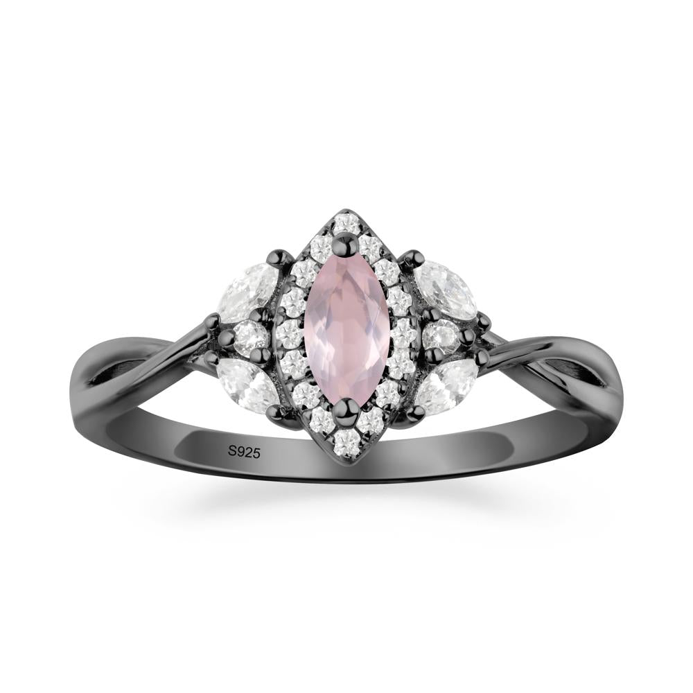 Twisted Band Marquise Rose Quartz Halo Ring - LUO Jewelry #metal_black finish sterling silver