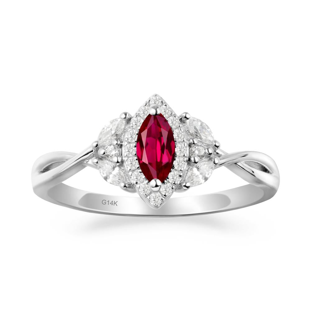 Twisted Band Marquise Ruby Halo Ring - LUO Jewelry #metal_14k white gold