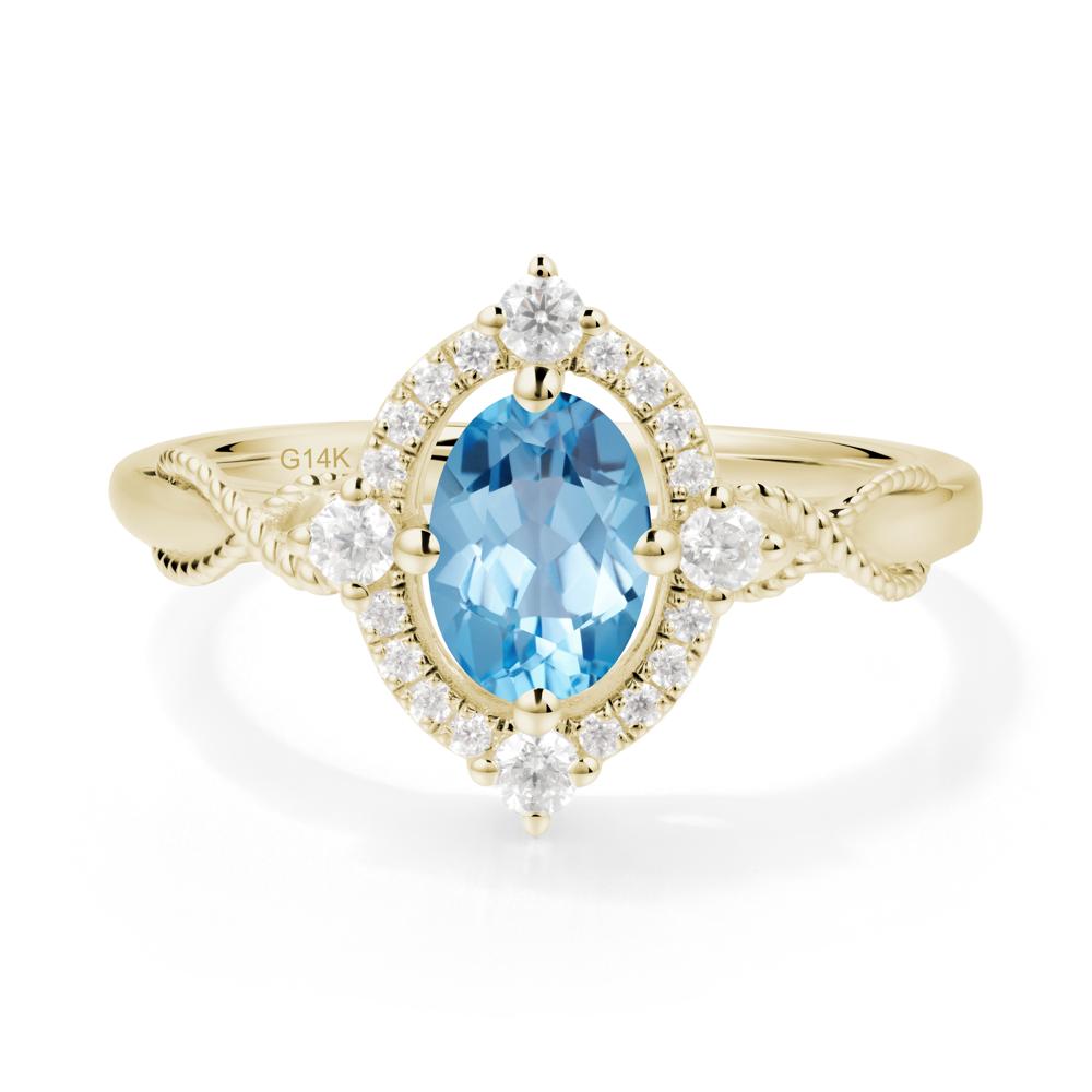 Oval Swiss Blue Topaz Halo Twist Ring - LUO Jewelry #metal_14k yellow gold