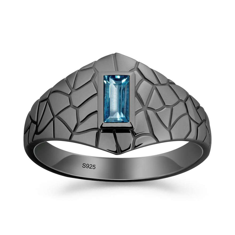 Baguette London Blue Topaz Ring with Cracked Texture - LUO Jewelry #metal_black finish sterling silver